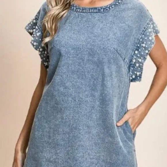 Free People Dresses & Skirts - Free people- Bibi Denim Pearl Detail Mini Dress- Womens Size M #510-10
